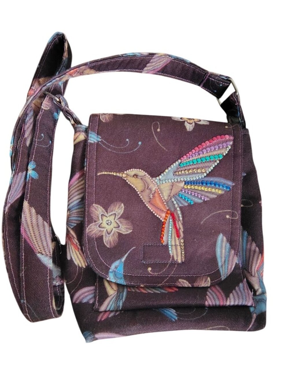 Bedazzled Crossbody Purse Bag, Hummingbird, Adjustable Strap Boho Festival
